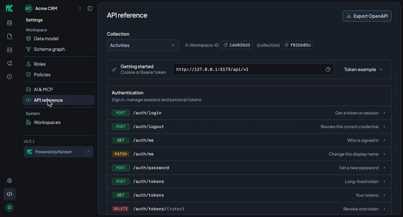Kanesh Studio API reference listing authentication endpoints and an OpenAPI export button