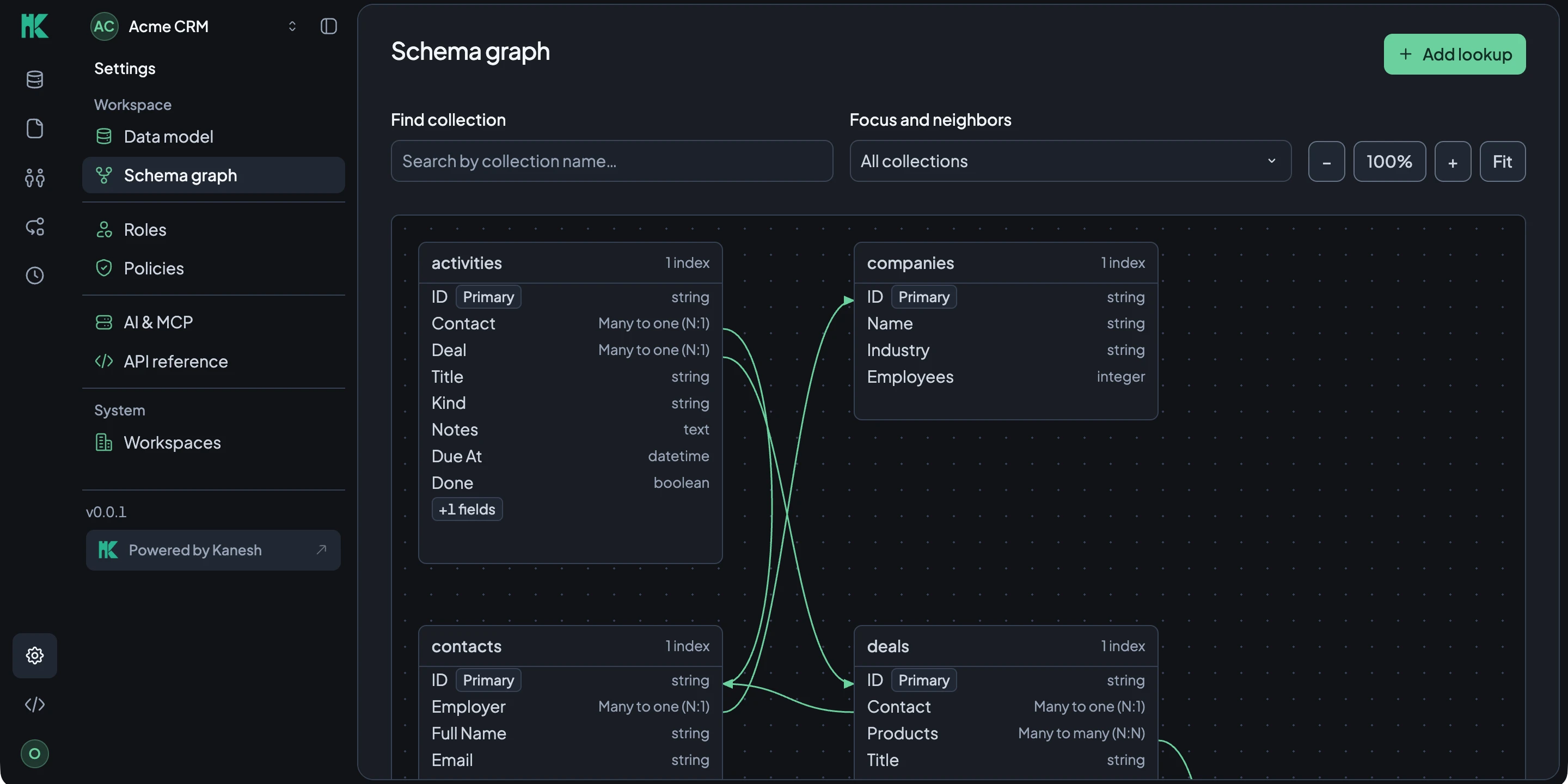 Kanesh Studio schema graph linking activities, companies, contacts and deals