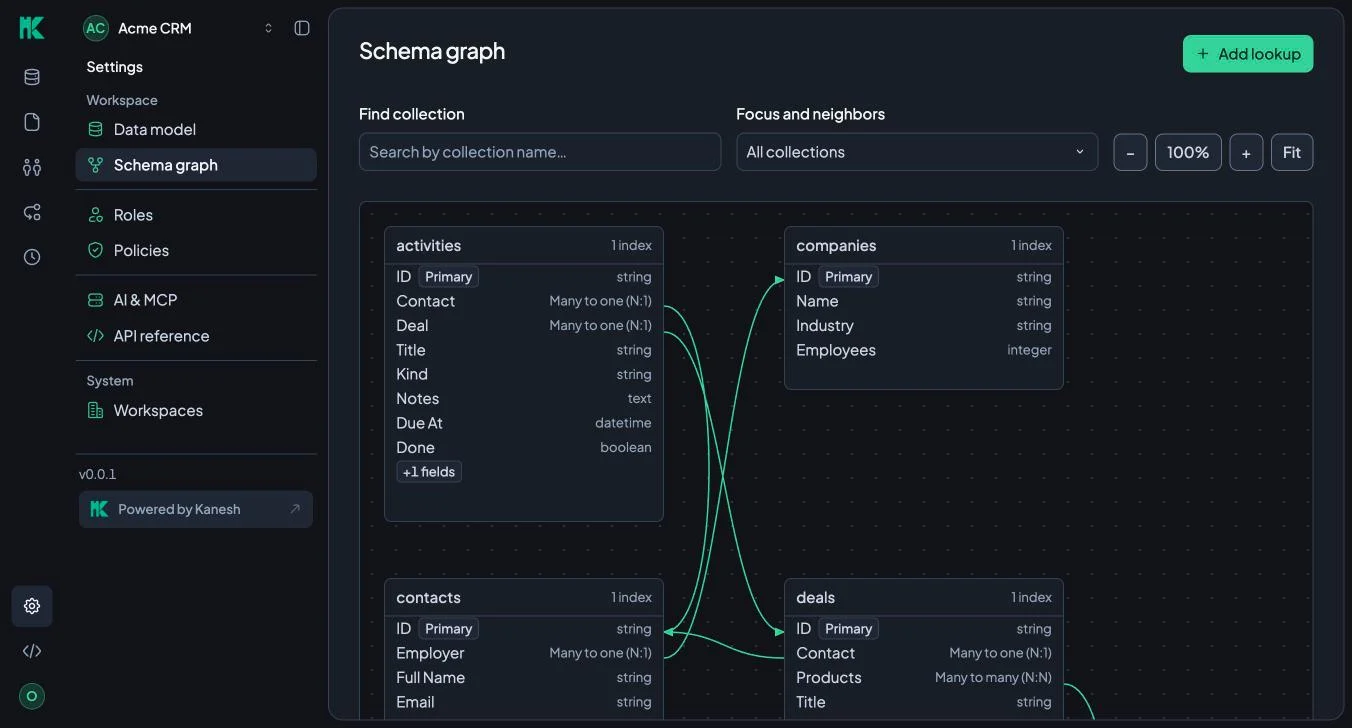 Kanesh Studio schema graph linking activities, companies, contacts and deals